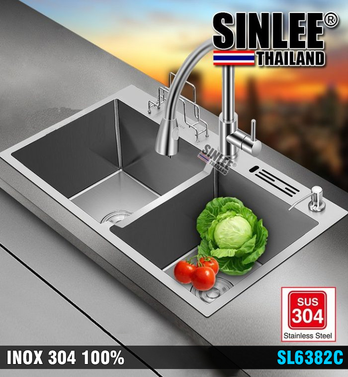 SL6382C – CHẬU RỬA CHÉN 2 HỘC ĐỀU, CÓ GÁC DAO CÀI THỚT,NHIỀU KÍCH THƯỚC