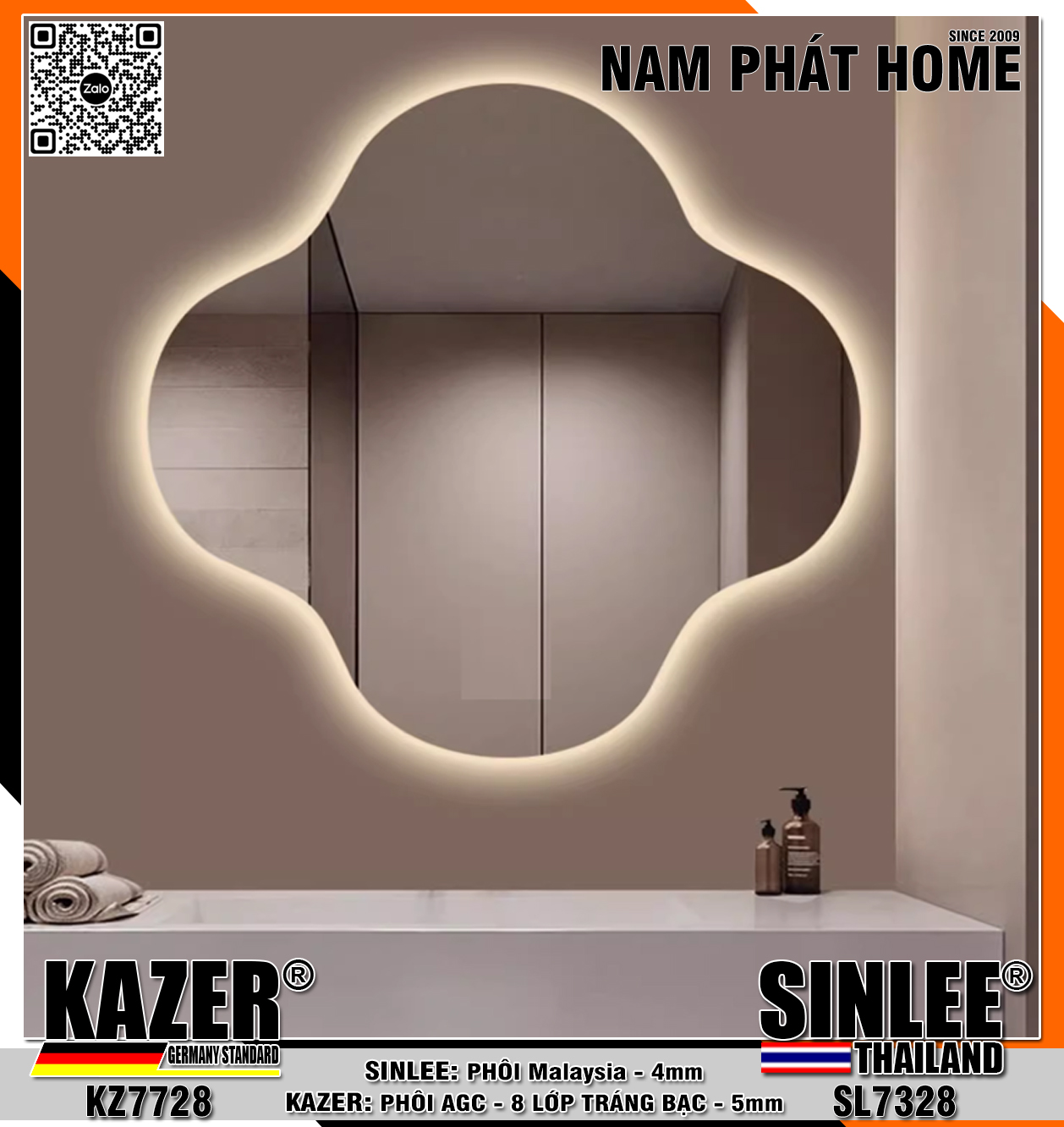 KZ7728  ,  GƯƠNG LED HẮT SAU, PHÔI AGC KAZER TRÁNG BẠC 8 LỚP