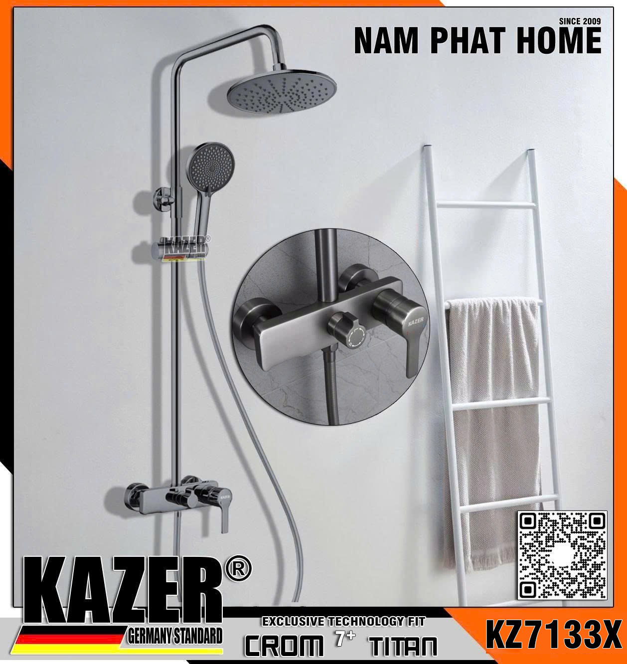 KZ7133X-Y5105C, SEN CÂY TẮM ĐỨNG ĐỒNG THAU MẠ XÁM TITAN KAZER