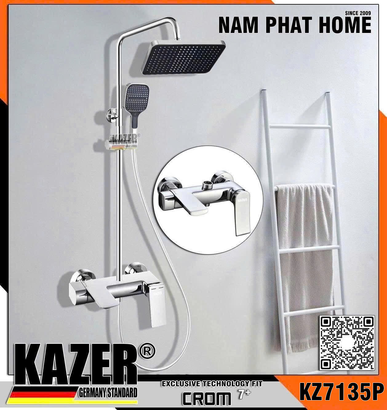 KZ7135P-Y5103, SEN CÂY TẮM ĐỨNG ĐỒNG THAU KAZER, MẠ CROME 7 LỚP