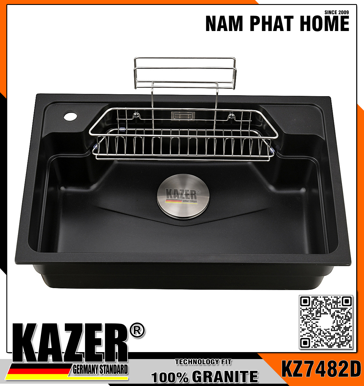 KZ7482D-8050 -  CHẬU RỬA CHÉN ĐÁ GRANITE 1 HỘC, MÀU ĐEN