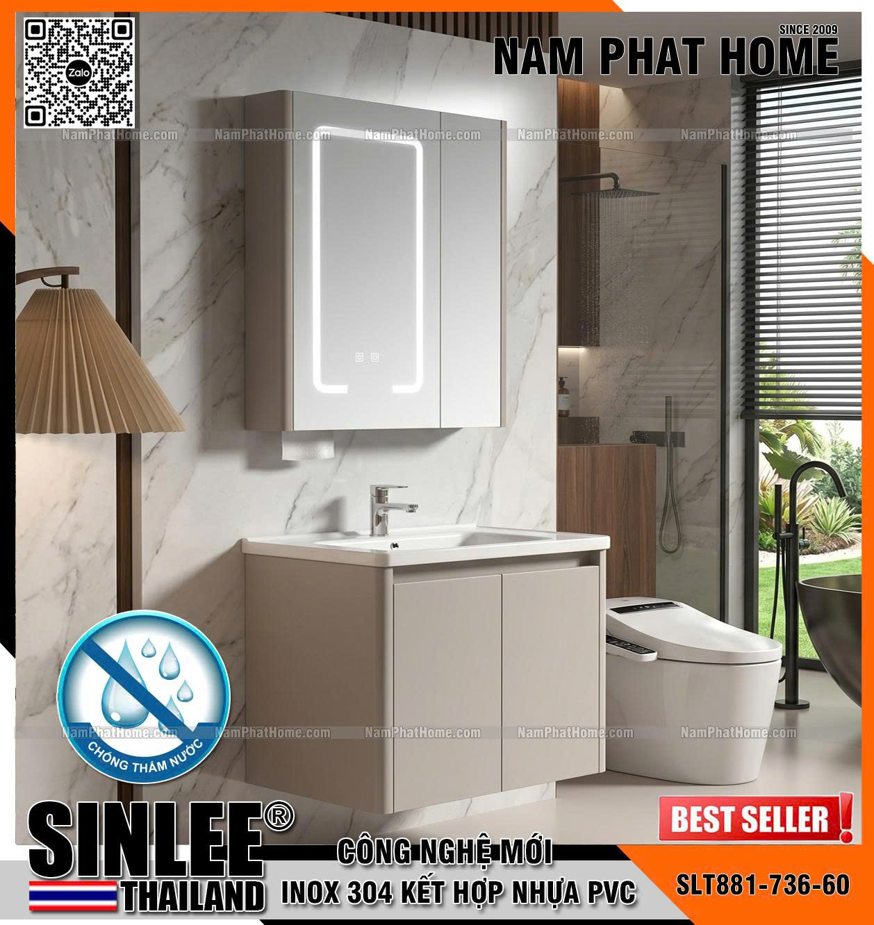 SLT881-736-60, Bộ tủ lavabo khung inox +Pvc chống thấm, Tủ bo cong, Màu kem, Size 600x500mm
