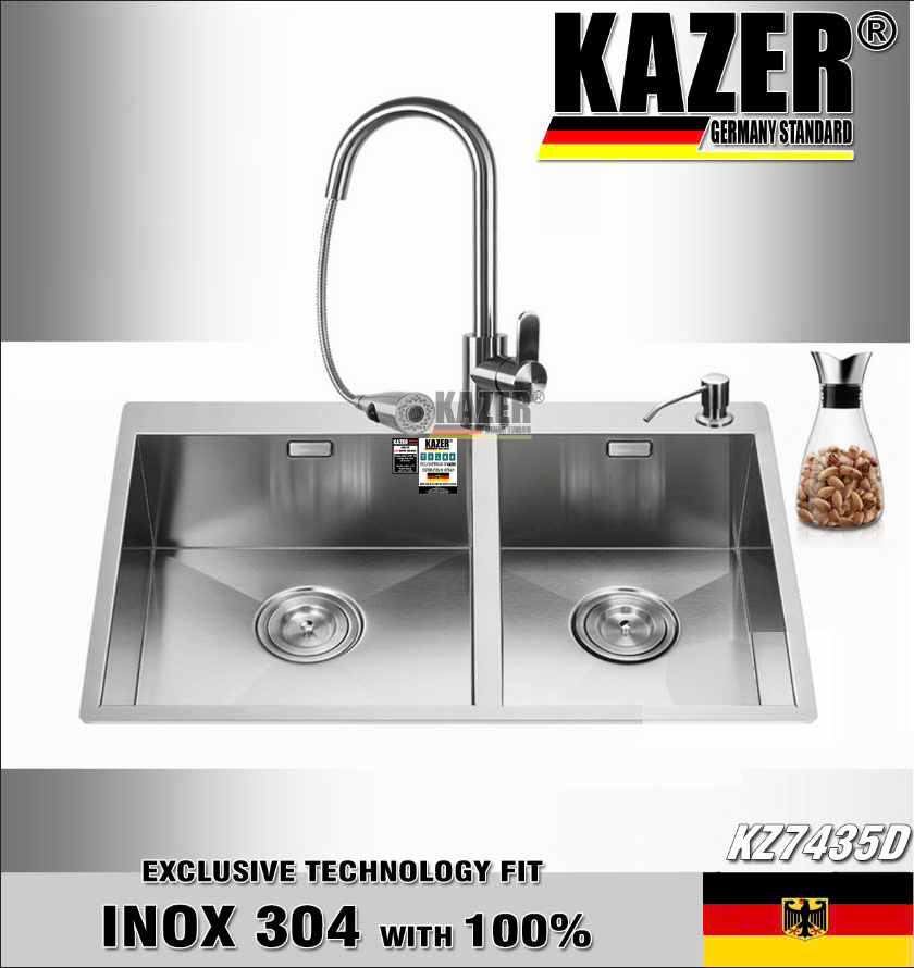 KZ7435D-8245 - BỒN RỬA CHÉN 2 HỘC KAZER, INOX ĐÚC NHẬP KHẨU 304 100%