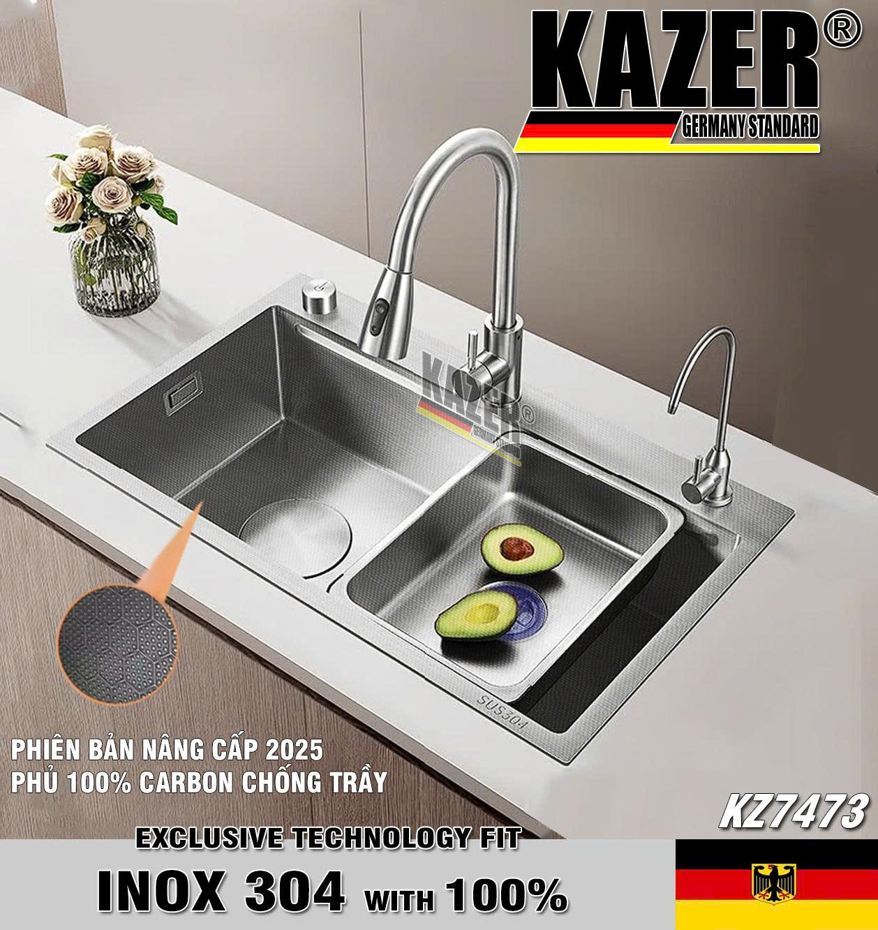 KZ7473 - BỒN RỬA CHÉN 1 HỘC KAZER, INOX ĐÚC NHẬP KHẨU 304 100%, PHỦ FULL CARBON