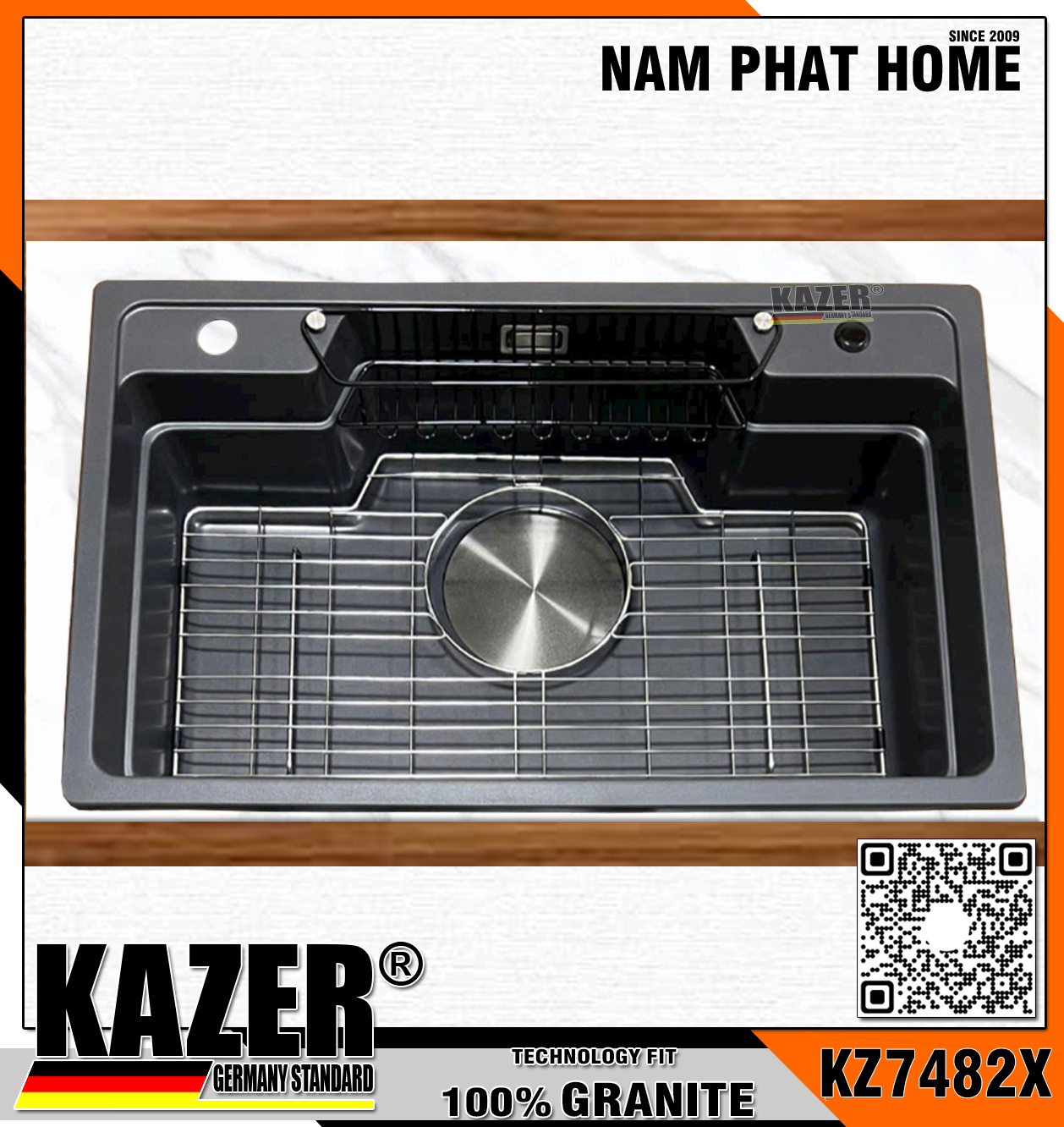 KZ7482X-8050 -  CHẬU RỬA CHÉN ĐÁ GRANITE 1 HỘC, MÀU XÁM