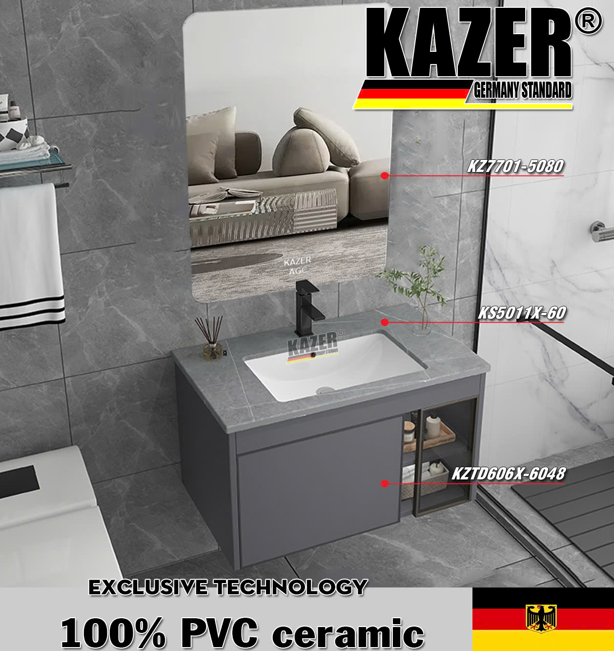  Tủ lavabo KAZER KZTD606 - Gương KZ7701 không led - Nhựa 100% nhập khẩu