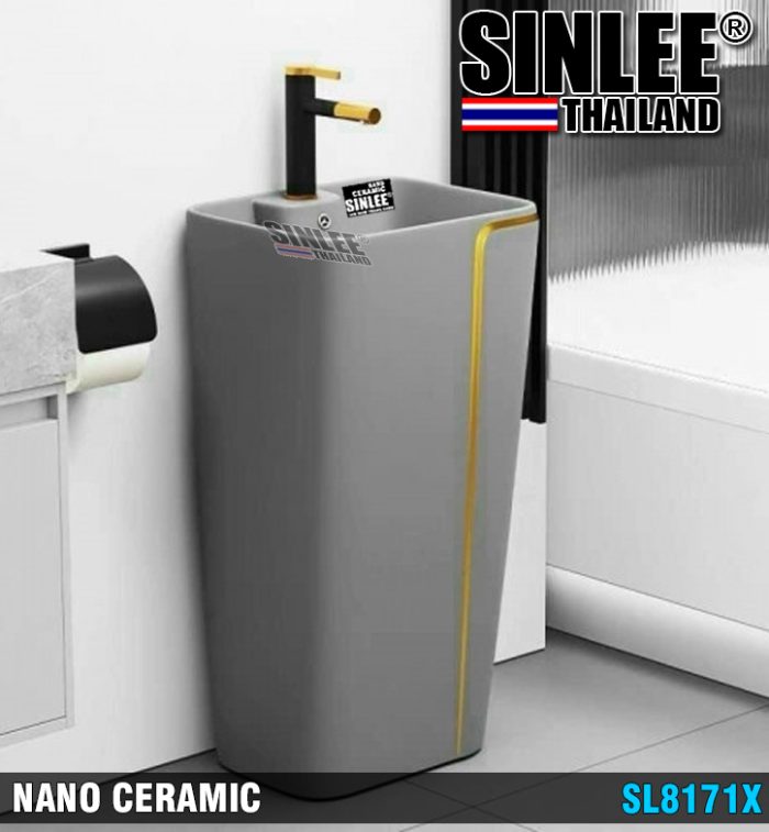 SL8171X – LAVABO SỨ TRỤ ĐỨNG LIỀN KHỐI VUÔNG XÁM – KT430x360x830mm