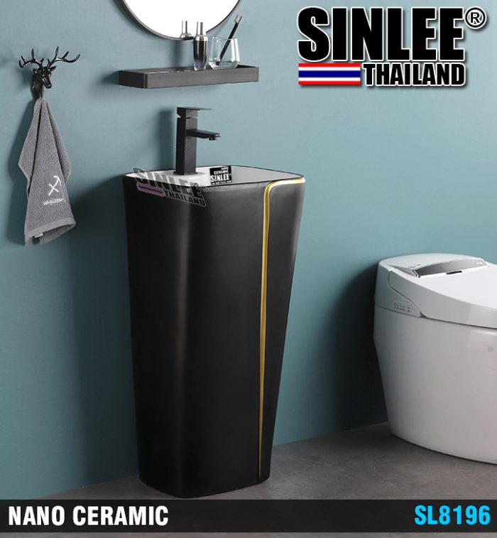 SL8196 – LAVABO SỨ TRỤ ĐỨNG LIỀN KHỐI VUÔNG ĐEN VIỀN VÀNG