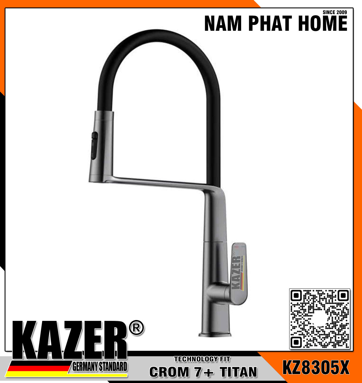 KZ8305X, VÒI RỬA CHÉN NÓNG LẠNH ĐỒNG THAU MÀU XÁM TITAN, DÂY RÚT LÒ XO CAO CẤP