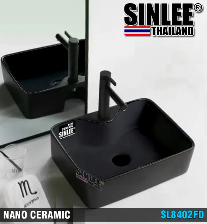 SL8402FD – LAVABO SỨ ĐẶT BÀN VUÔNG FULL ĐEN VÒI TRÊN SINLEE