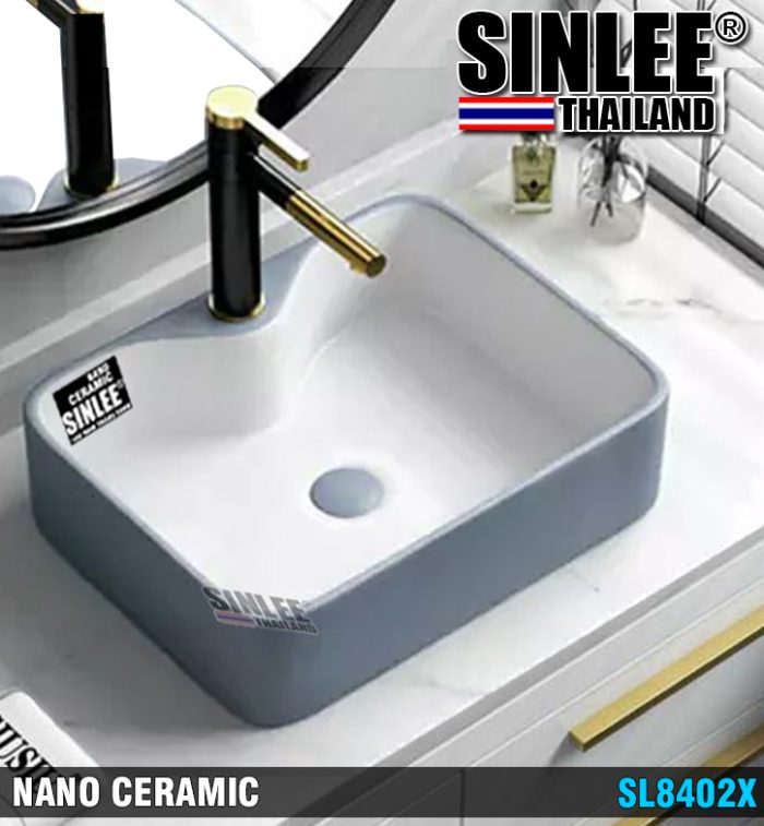 SL8402X – LAVABO SỨ ĐẶT BÀN VUÔNG TRẮNG XÁM SINLEE