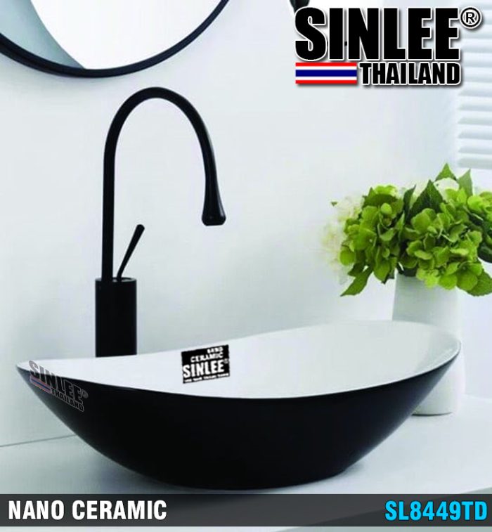 SL8449TD – LAVABO SỨ ĐẶT BÀN ĐỘC LẬP ĐEN TRẮNG ORABI 620X370X130mm SINLEE