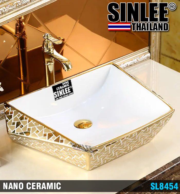 SL8454 – LAVABO SỨ ĐẶT BÀN MẠ VÀNG PVD SINLEE