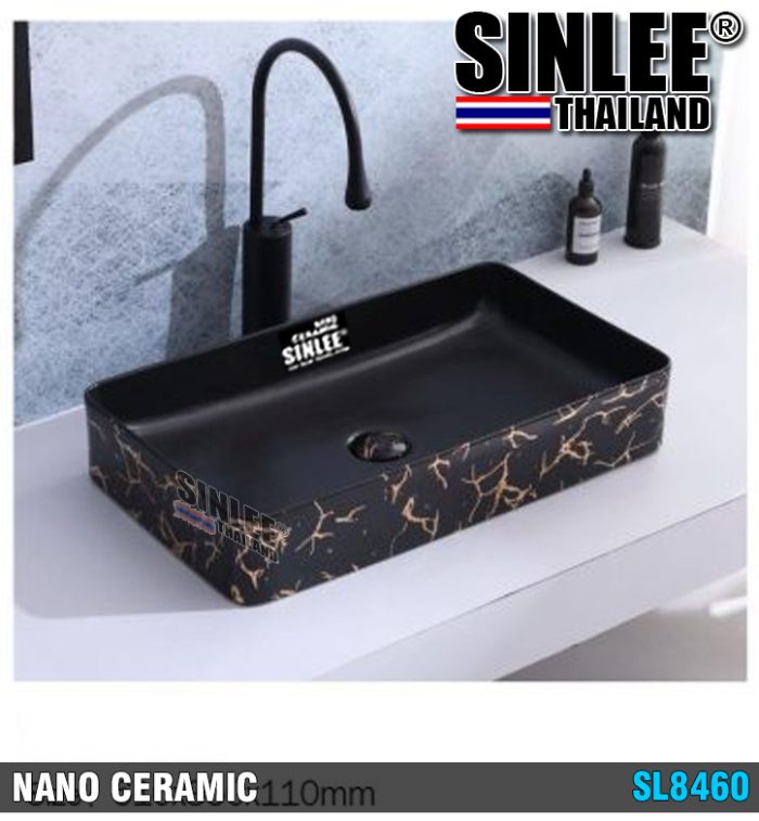 SL8460 – LAVABO ĐẶT BÀN SINLEE ĐEN VÀNG – 610x350x110mm