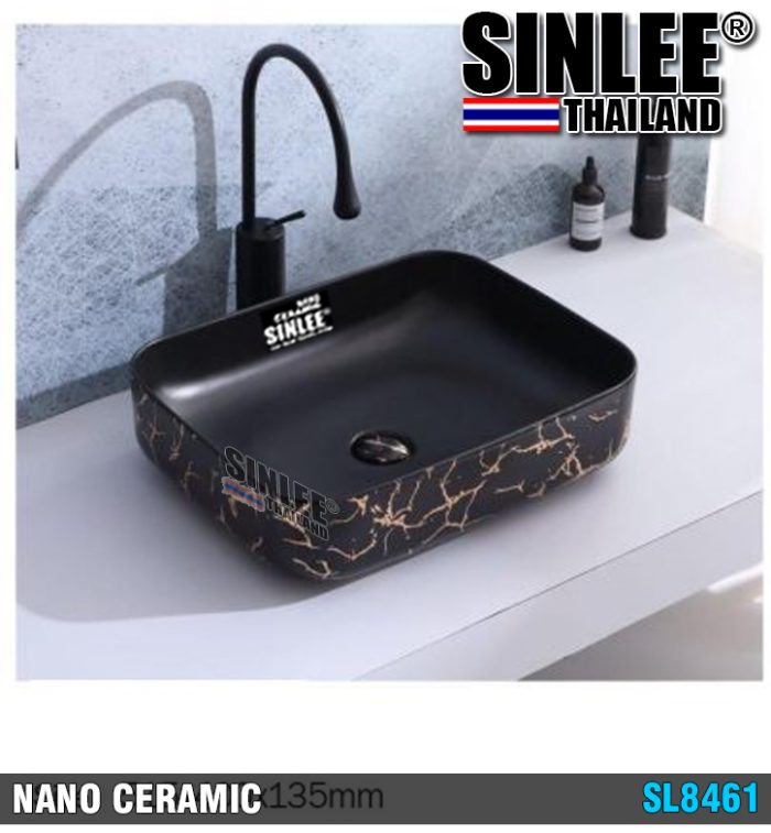 SL8461 – LAVABO ĐẶT BÀN VUÔNG SINLEE ĐEN VÀNG – 515x400x135mm