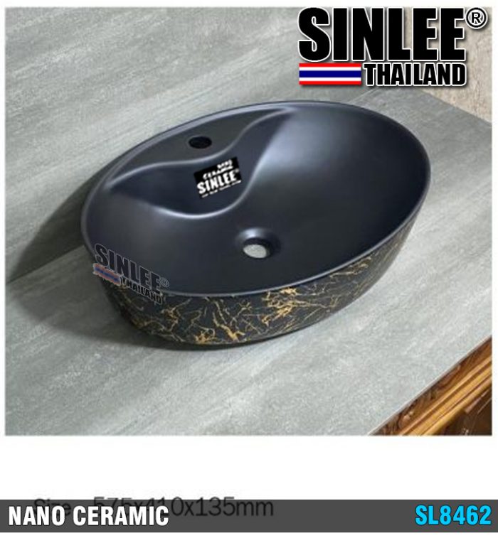 SL8462 – LAVABO ĐẶT BÀN VÒI TRÊN SINLEE ĐEN VÀNG – 575x410x135mm