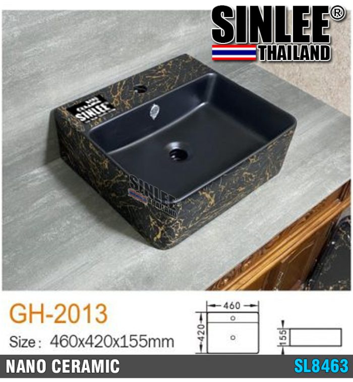 SL8463 – LAVABO ĐẶT BÀN VUÔNG VÒI TRÊN SINLEE ĐEN VÀNG – 462x420x155mm