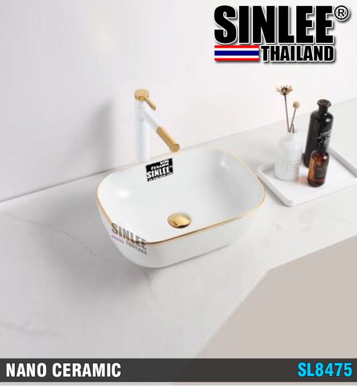 SL8475 – LAVABO ĐẶT BÀN SINLEE VUÔNG VIỀN VÀNG HỒNG – 465x320x135mm