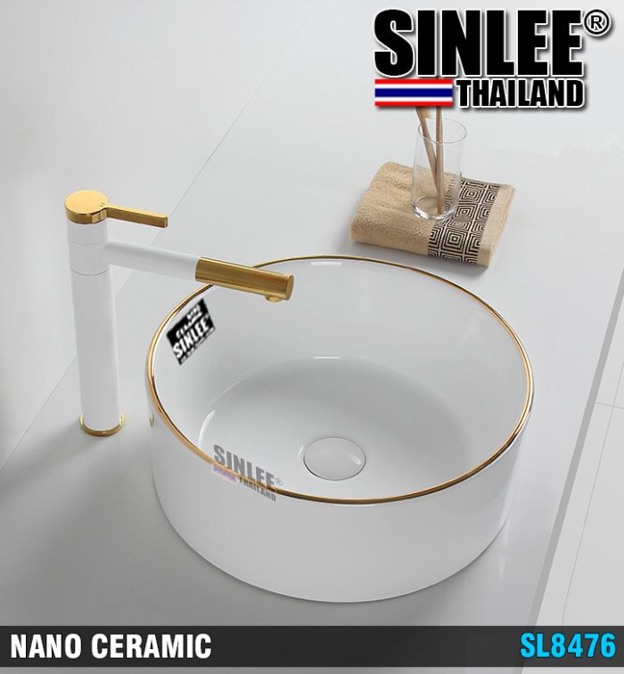 SL8476 – LAVABO ĐẶT BÀN SINLEE TRÒN VIỀN VÀNG HỒNG – 420x420x140mm