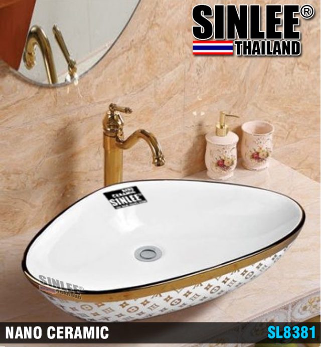 SL8481 – LAVABO ĐẶT BÀN MẠ VÀNG KIỂU Louis vuitton- 580X385X150mm