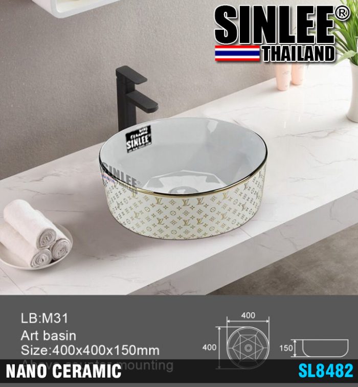 SL8482 – LAVABO ĐẶT BÀN MẠ VÀNG TRÒN KIỂU Louis vuitton- 400X400X150mm