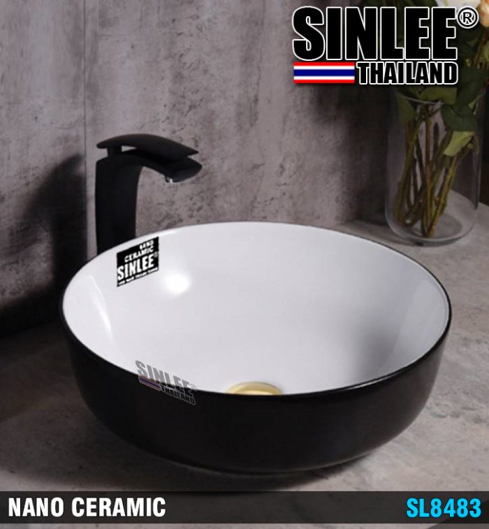 SL8483 – LAVABO SỨ ĐẶT BÀN TRÒN ĐEN MẠ ORABI – 410x410x130mm