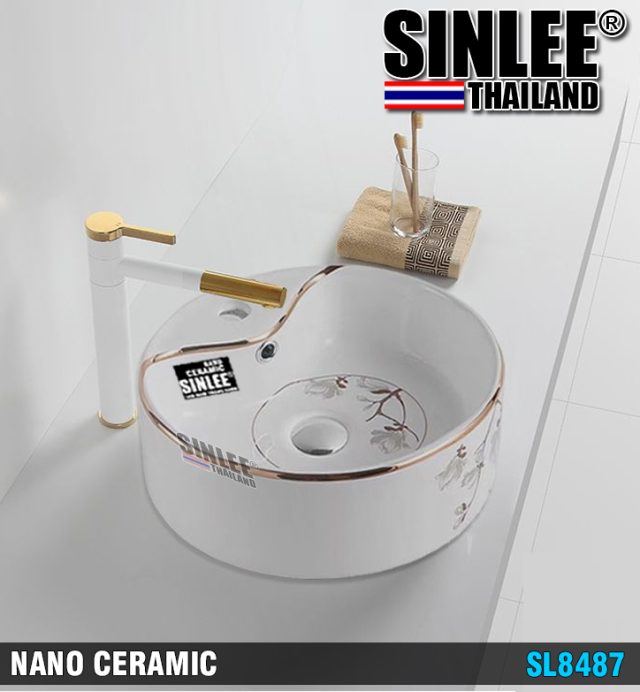 SL8487 – LAVABO SỨ TRÒN VÒI TRÊN, VIỀN VÀNG HOA VĂN - KT410x410x145mm