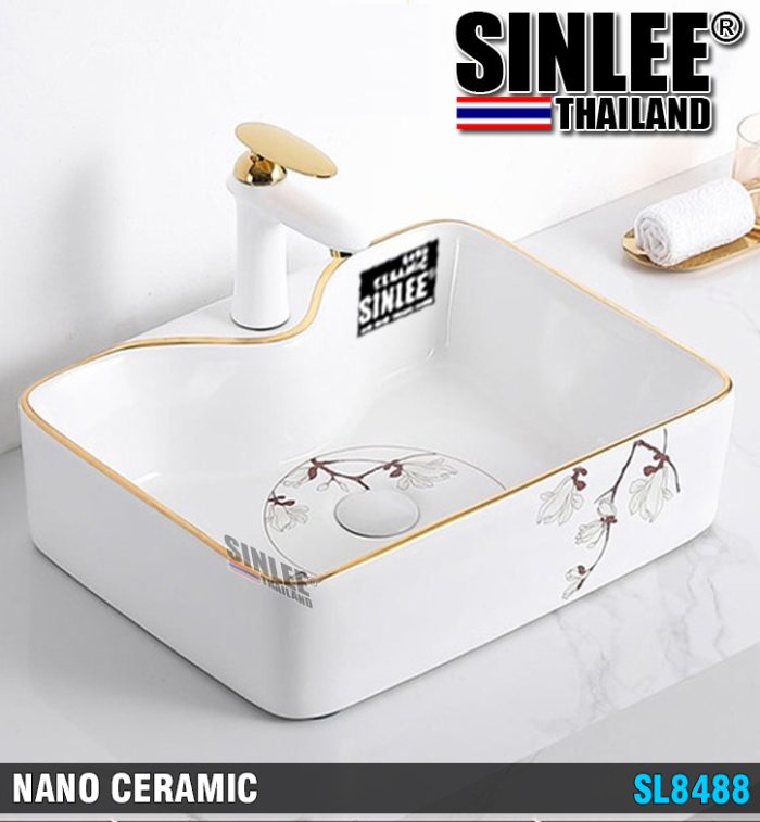 SL8488 – LAVABO SỨ VUÔNG VÒI TRÊN, VIỀN VÀNG HOA VĂN KT 480×370x135mm