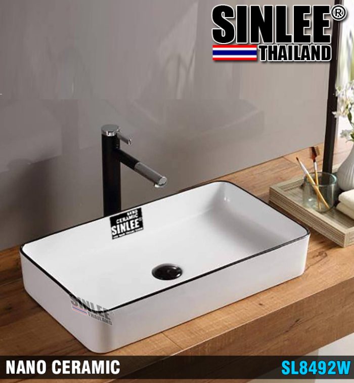 SL8492W – LAVABO SỨ ĐẶT BÀN CHỮ NHẬT TRẮNG VIỀN ĐEN MẠ PVD -SIZE 480x300x140mm-
