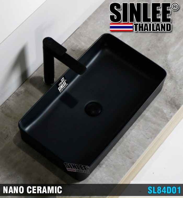 SL84D01 – LAVABO SỨ ĐẶT BÀN CHỮ NHẬT FULL ĐEN MẠ PVD - SIZE 605x350x110mm