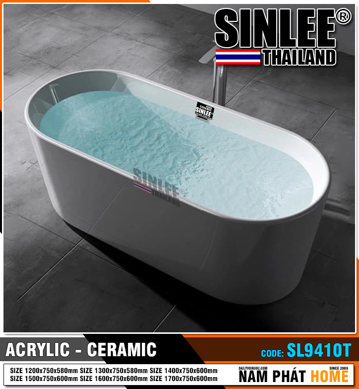 SL9410– BỒN TẮM NẰM, NGÂM ĐỘC LẬP OVAL VUÔNG SINLEE, Acrylic 