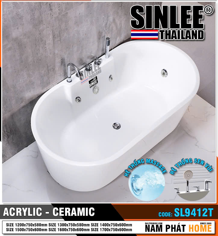 SL9412– BỒN TẮM NẰM, NGÂM ĐỘC LẬP OVAL SINLEE, CÓ MASSA