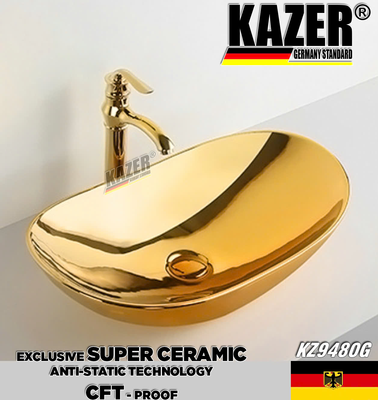 KZ9480G – LAVABO SỨ ĐẶT BÀN KAZER GERMANY, MÀU VÀNG GOLD