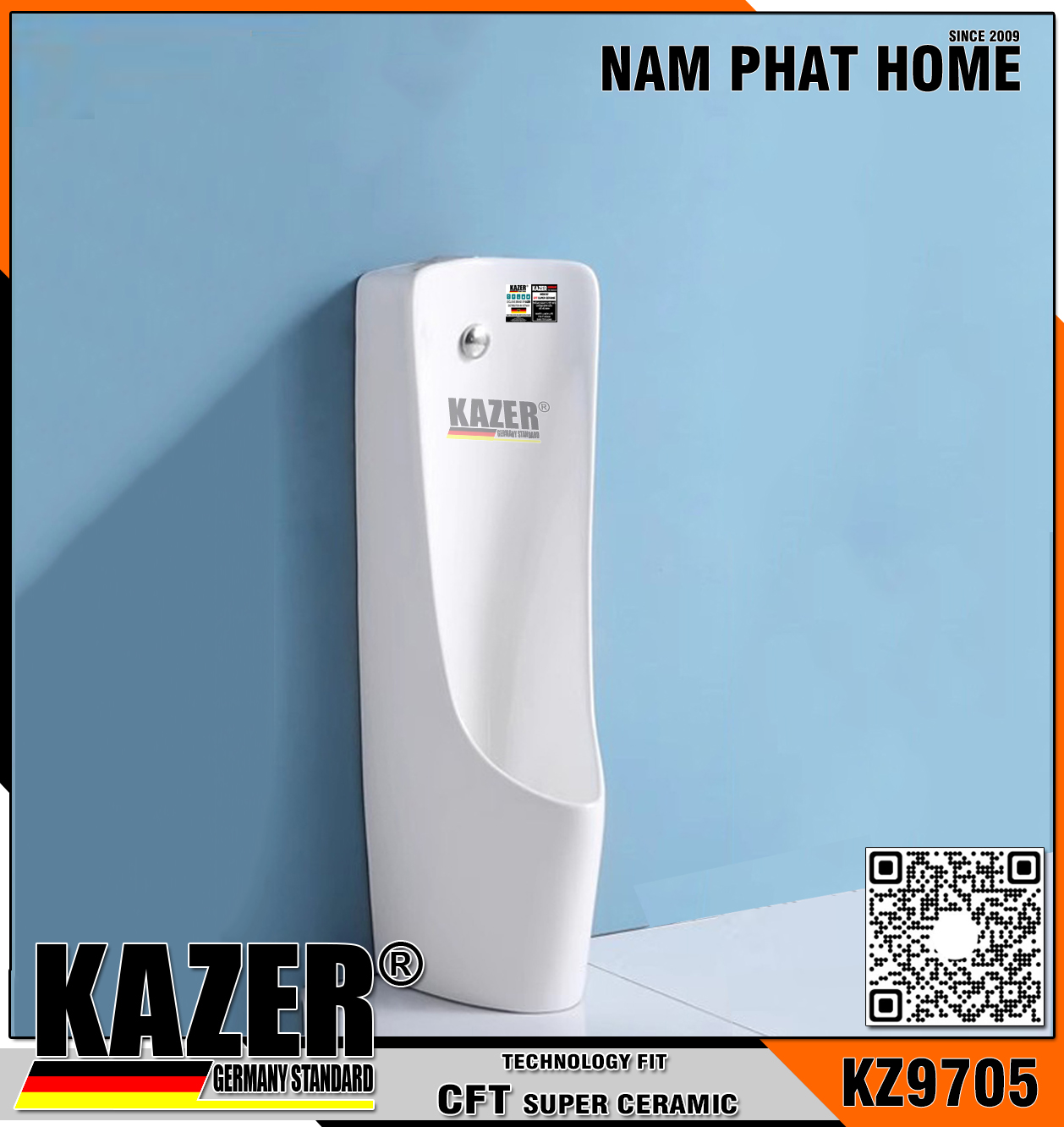 KZ9705 - BỒN TIỂU NAM ĐẶT SÀN KAZER, TẶNG KÈM VAN CẢM ỨNG, MÀU TRẮNG