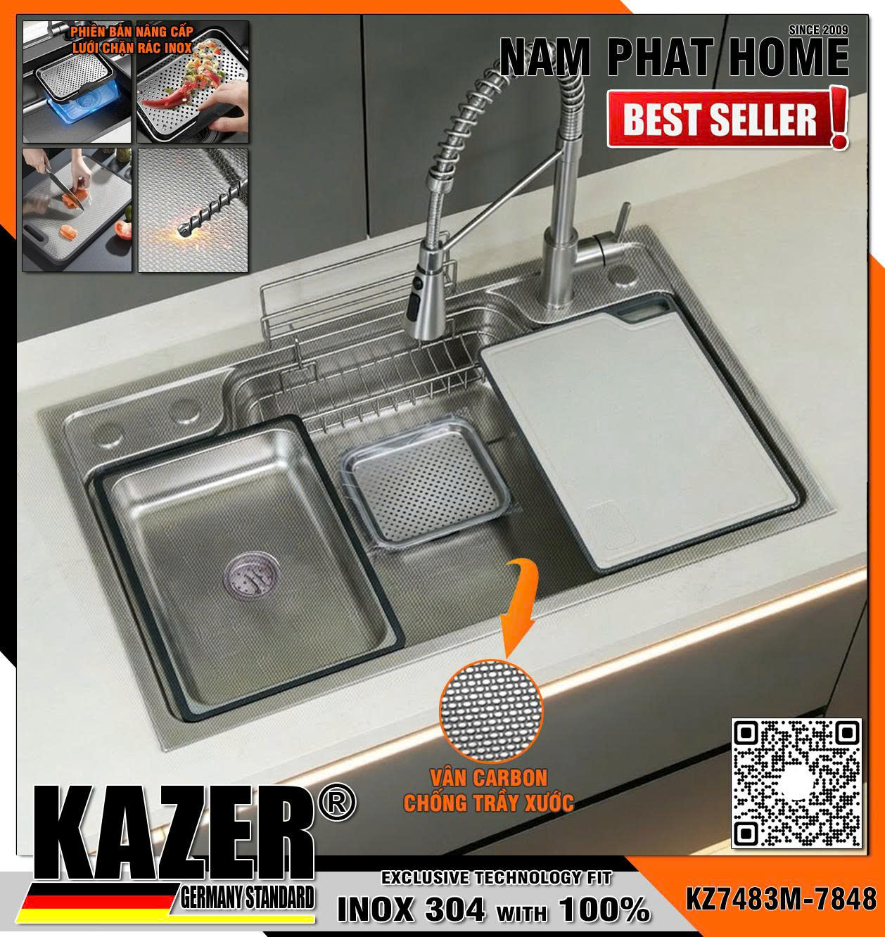 KZ7483M-7848 - CHẬU CHÉN 1 HỘC CÓ VÂN CARBON CHỐNG TRẦY, TẶNG KHAY INOX + INOX MỜ , DẦY 5mm ,Size 780x480mm 