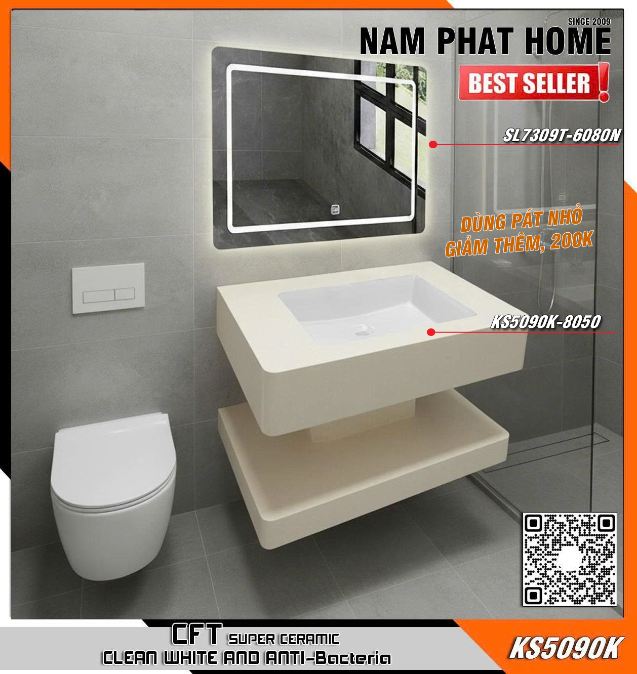 Bàn đá lavabo KAZER KS5090K 8050 , 2 cạnh bo cong + Gương SL7351T 6080N - 80cm (1)