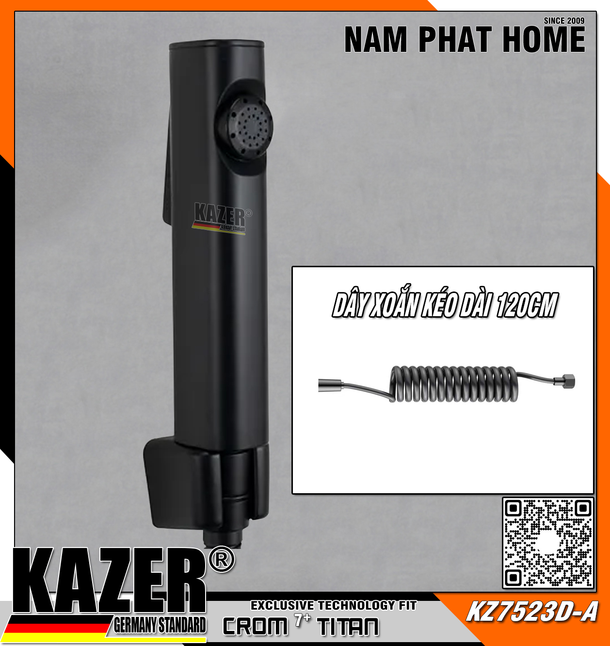 KZ7523D-A – VÒI XỊT VỆ SINH MÀU ĐEN CAO CẤP, DÂY XOẮN 2 TÁN ĐỒNG MẠ  ĐEN