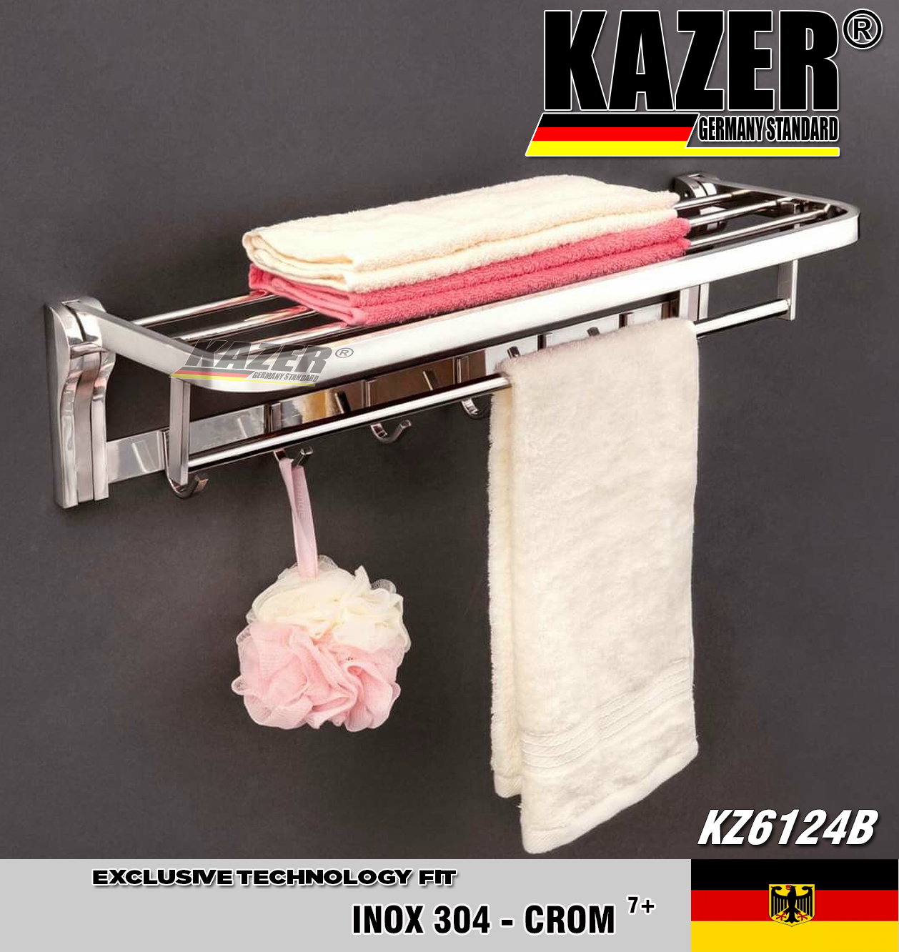 KZ6124B – MÁNG KHĂN TREO 2 TẦNG LOẠI ĐÚC CAO CẤP KAZER, INOX 304  , MẠ CROM 7+