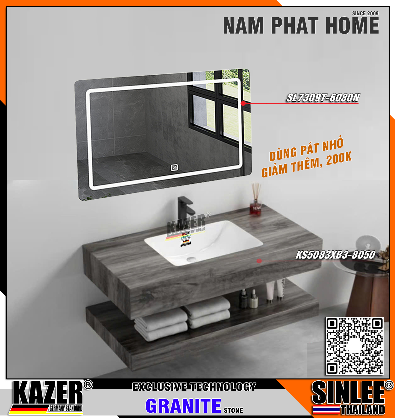 Bàn đá lavabo KAZER KS5083XB3 + Gương SL7351T - 80cm
