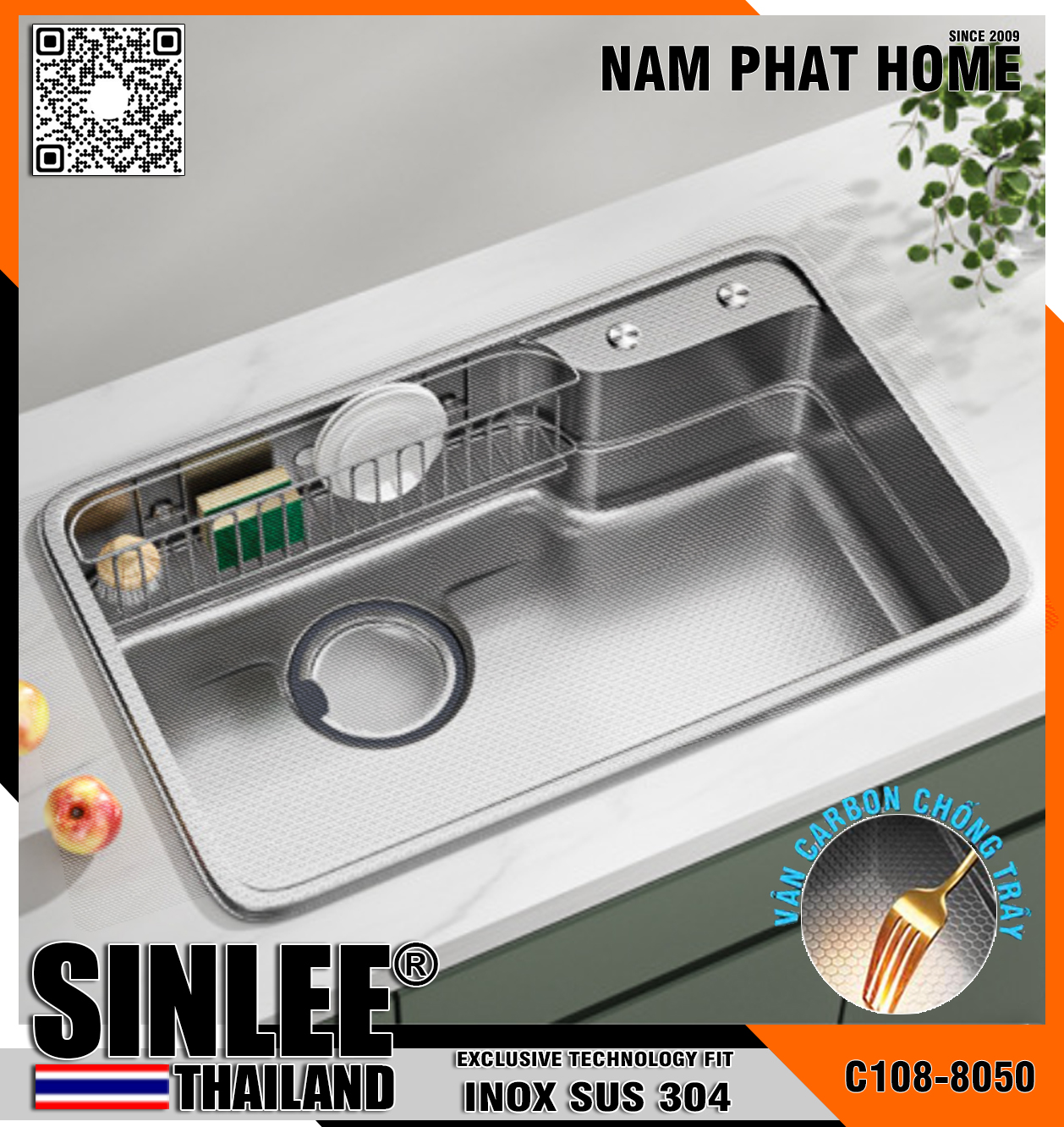 C108-8050, CHẬU CHÉN 1 HỘC CARBON CHỐNG TRẦY, Size 800x500mm