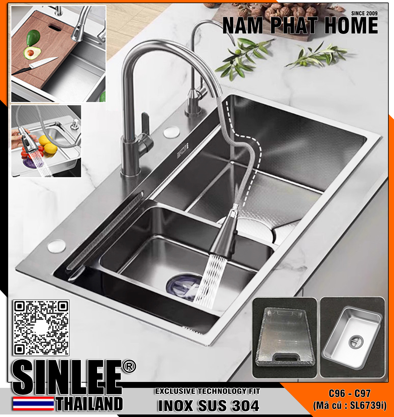 C96 - C97 (Mã cũ : SL6739I) - CHẬU RỬA CHÉN 1 HỘC INOX 304 CHUẨN