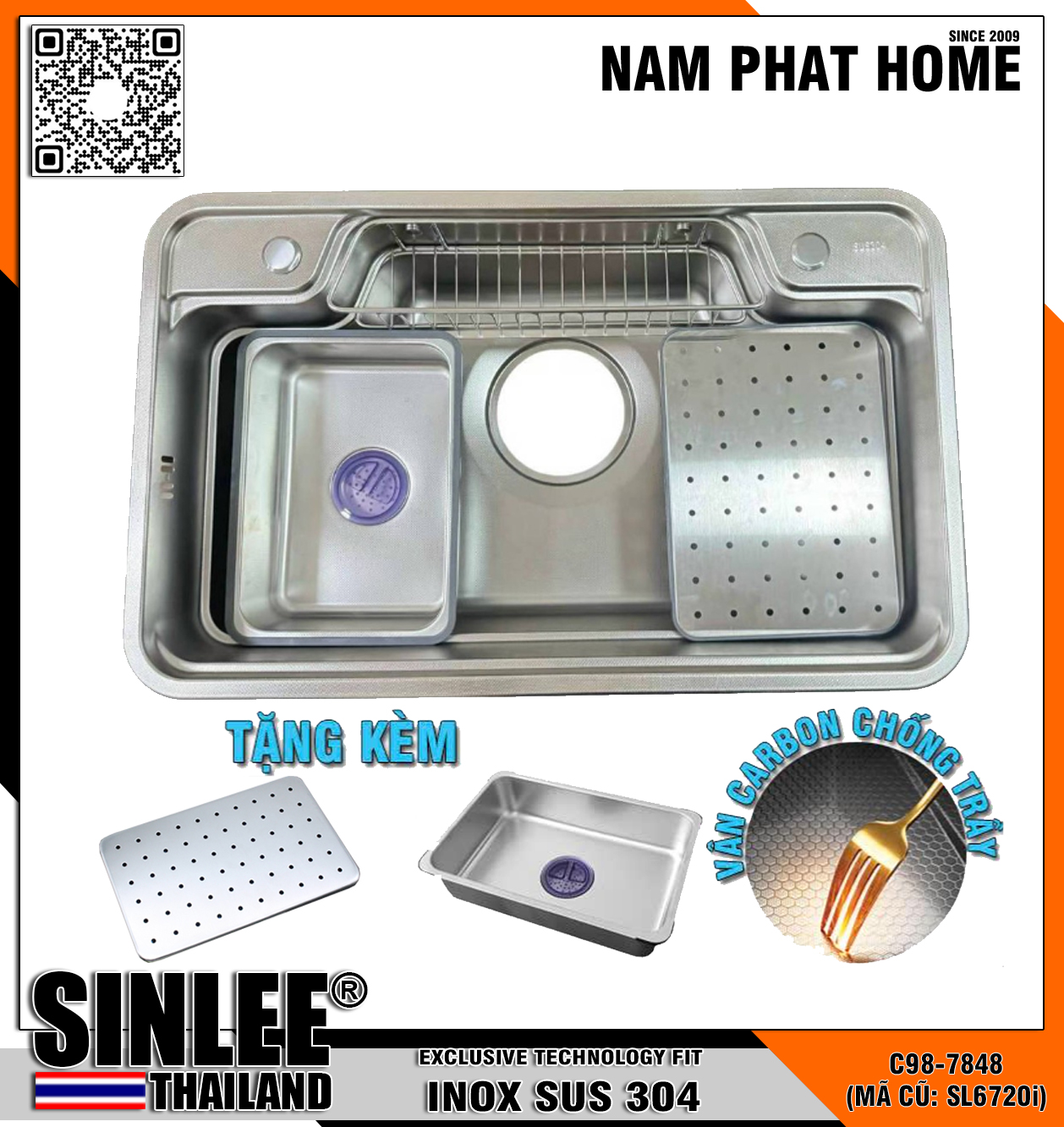 SL6720I-7848, CHẬU RỬA CHÉN 1 HỘC INOX 304 CHUẨN  , TẶNG THỚT VÀ KHAY INOX 