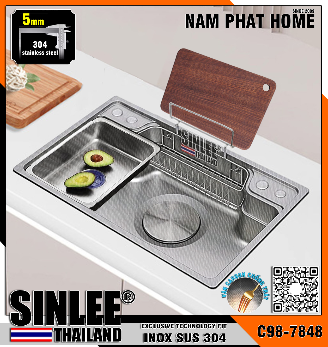 C98-7848, CHẬU CHÉN 1 HỘC CARBON CHỐNG TRẦY, DẦY 4mm ,Size 780x480mm