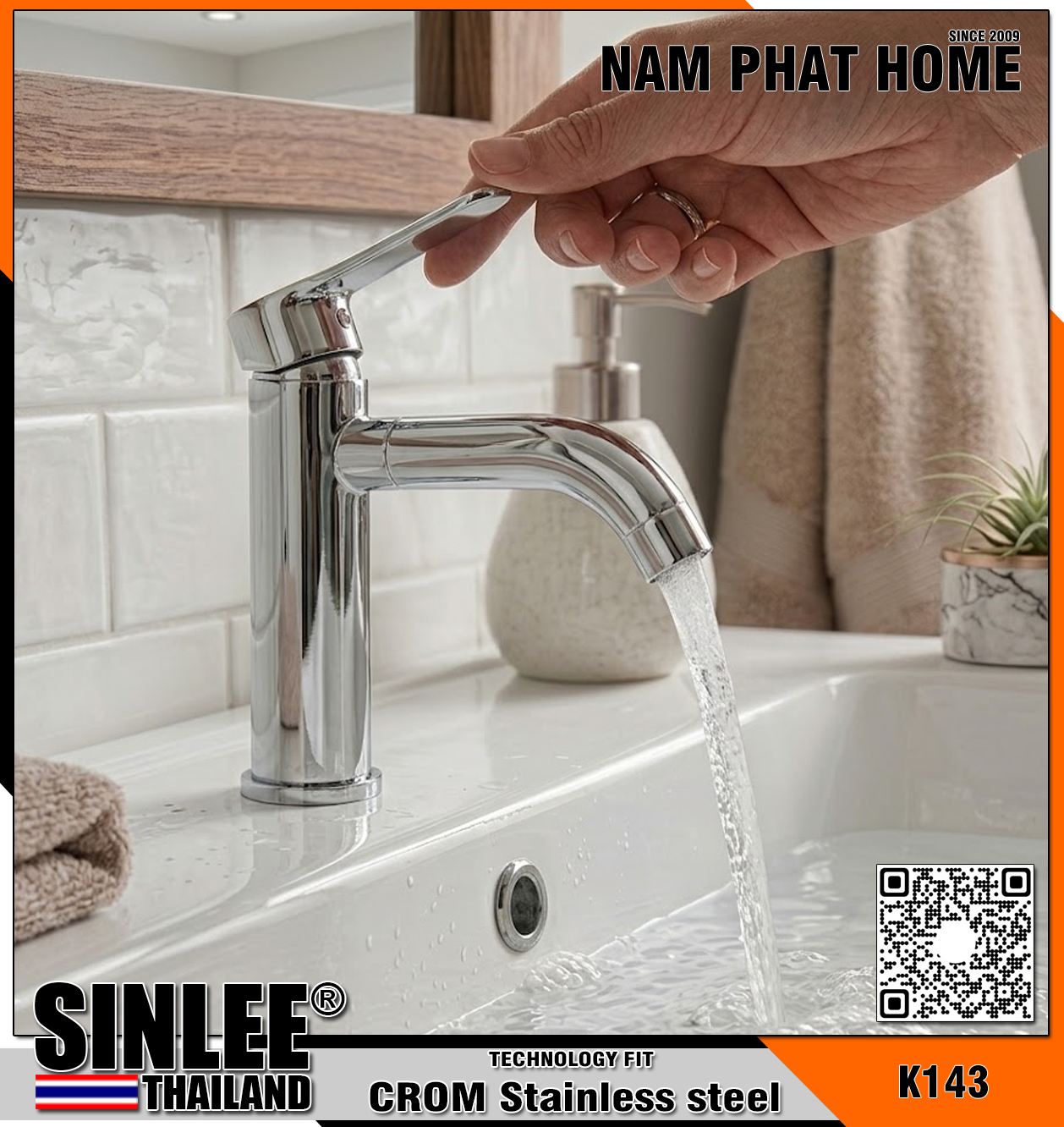 MODEL K143 – Vòi rửa mặt nóng lạnh bằng thép không rỉ mạ crome siêu dầy K143