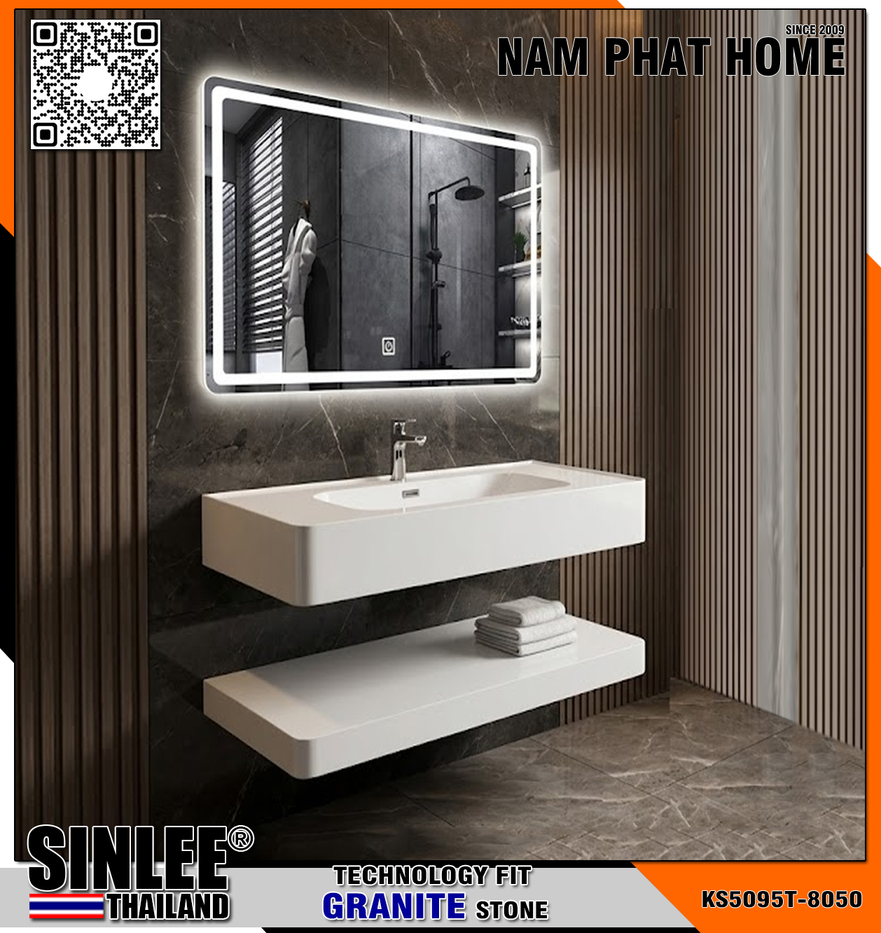 Bộ tủ lavabo bàn đá 2 tầng KS5095,Màu sứ trắng, Bo cong, Pát treo lớn, Size 800x500mm