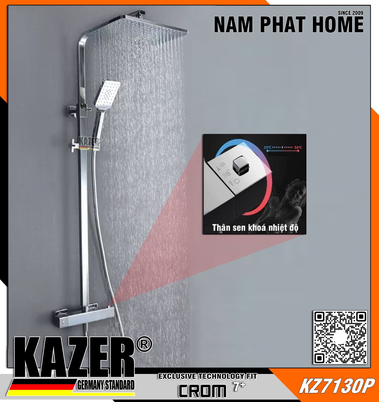 KZ7130P – SEN CÂY ĐỒNG THAU MẠ CROM 7+ KAZER, THÂN SEN CÓ KHÓA NHIỆT ĐỘ
