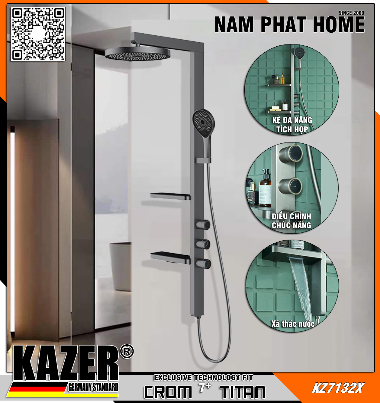 KZ7132X- SEN CÂY TẮM ĐỨNG ĐỒNG MẠ XÁM TITAN LUXURY KAZER