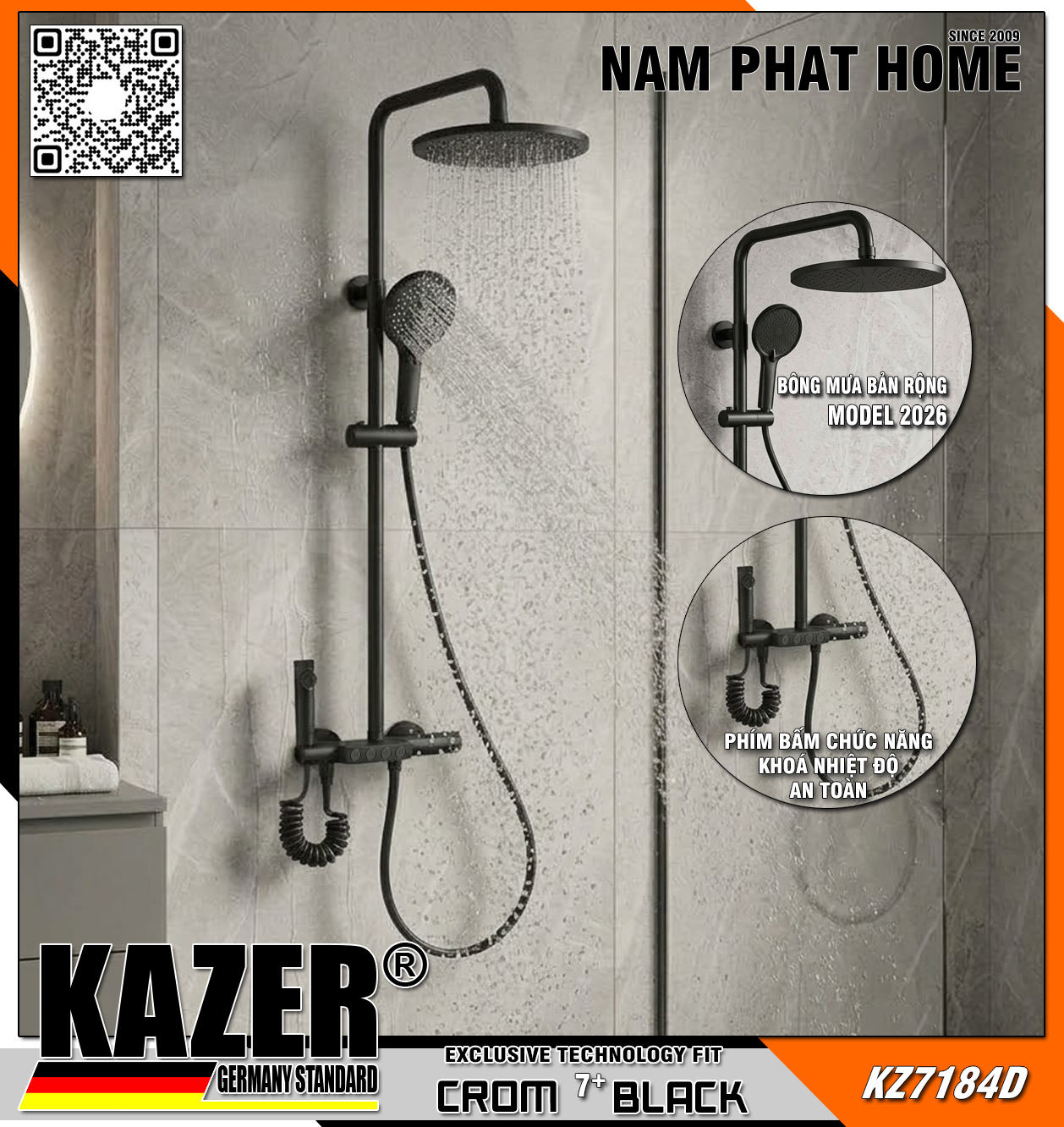 KZ7184D– SEN CÂY ĐỒNG THAU KAZER, CROM 7+ BLACK, NÚT NHẤN