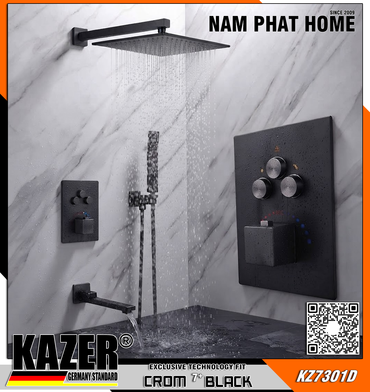 KZ7301D – SEN TẮM ÂM TƯỜNG - ÂM TRẦN KAZER, MẠ CROM 7+ BLACK