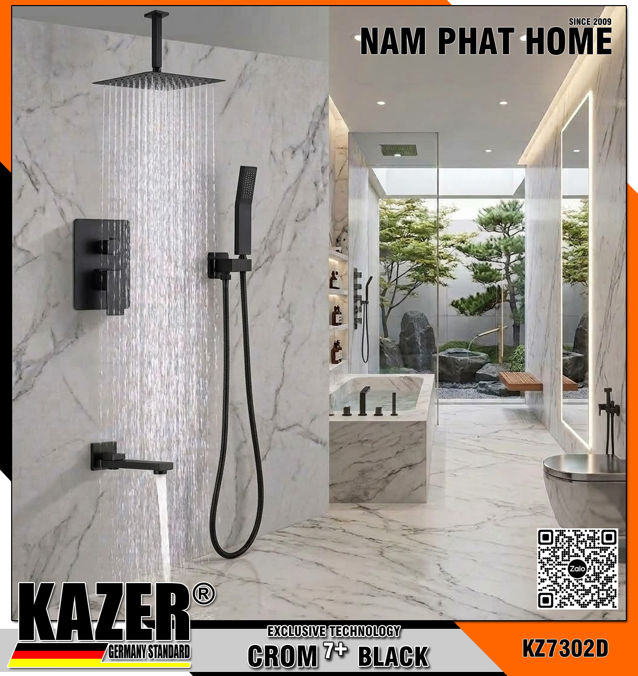 KZ7302D – SEN TẮM ÂM TƯỜNG - ÂM TRẦN KAZER, MẠ CROM 7+ BLACK